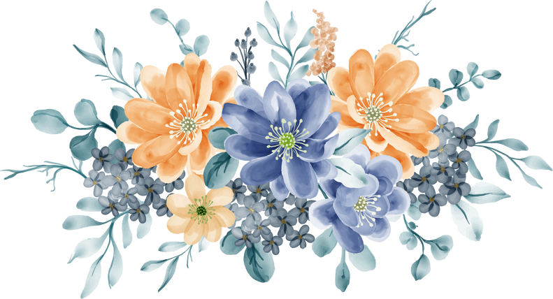 the flower arrangement of flower blue and orange